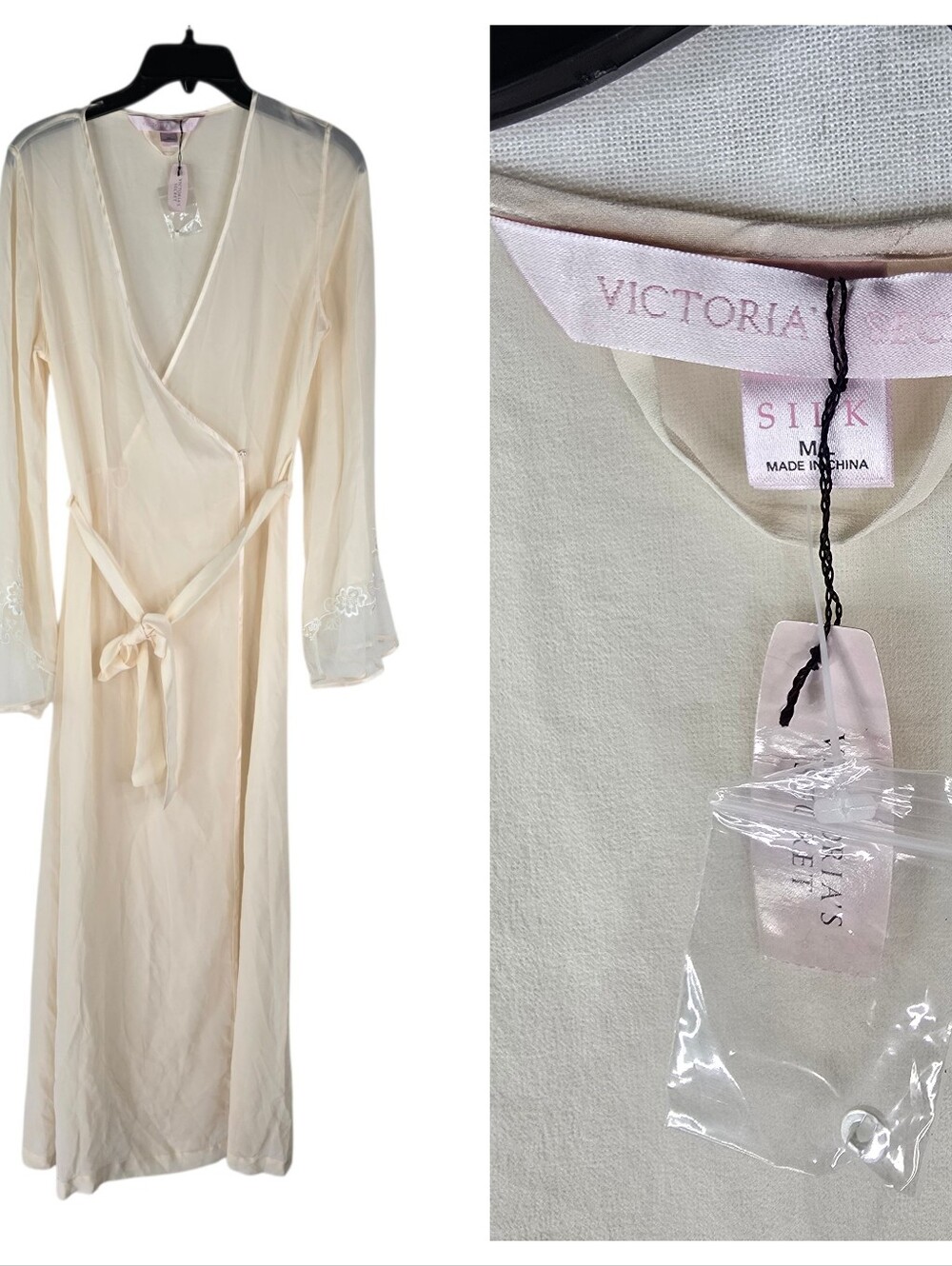 Vintage 2000 Victoria’s Secret M/L 100% Silk Pearl Beaded Long Robe Cream Biege